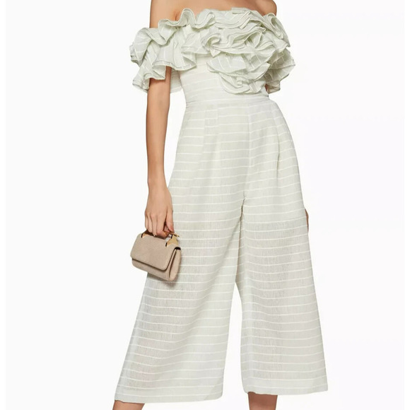 Acler Pants - Acler Ruffled Off Shoulder Jumpsuit Size 2 Mint Green Pockets Cropped Wide Leg